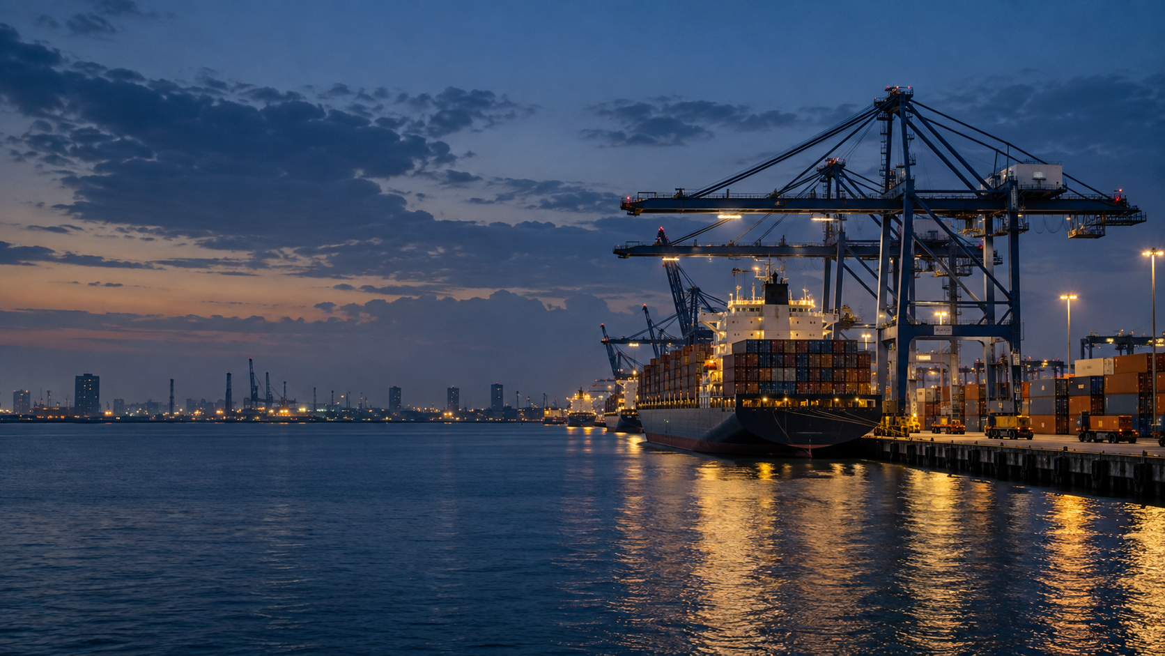 Container vessel at a working port at dusk